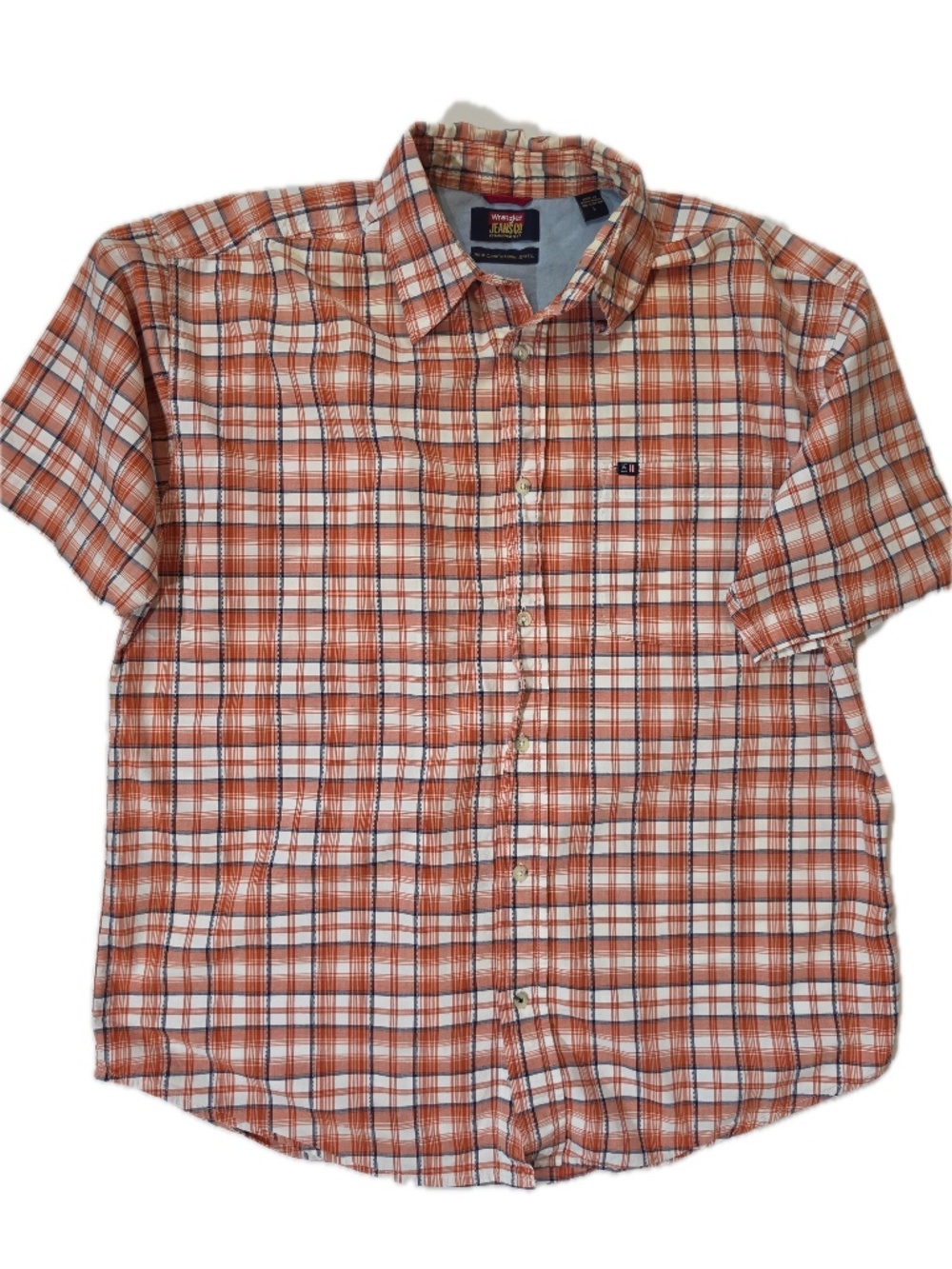 Wrangler Shirt Mens‎ L Orange Plaid Short Sleeve Button Up Cotton Casual